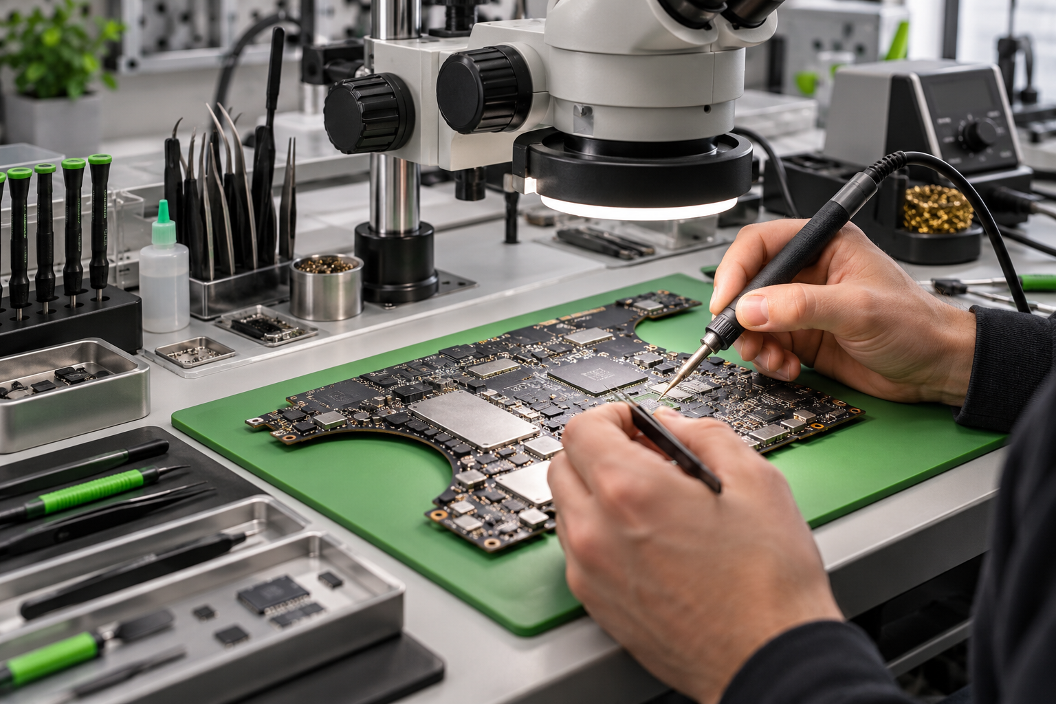 Technician performing precision component-level repair on a laptop logic board