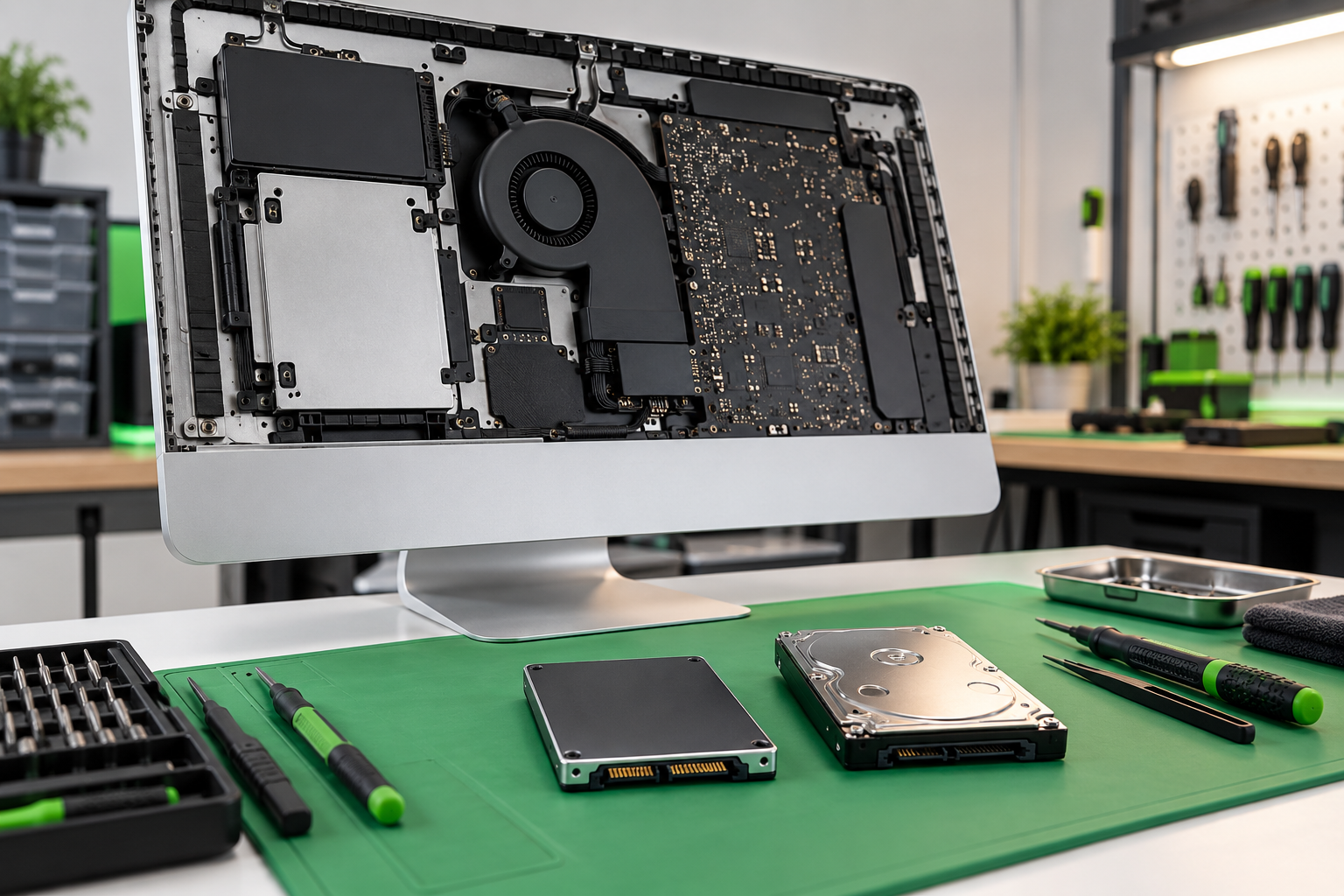 Opened all-in-one Mac computer beside a replacement SSD and old mechanical hard drive