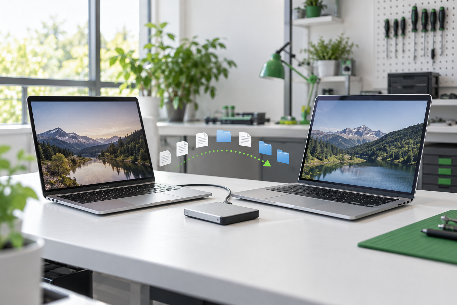 Two laptop computers transferring files through an external backup drive