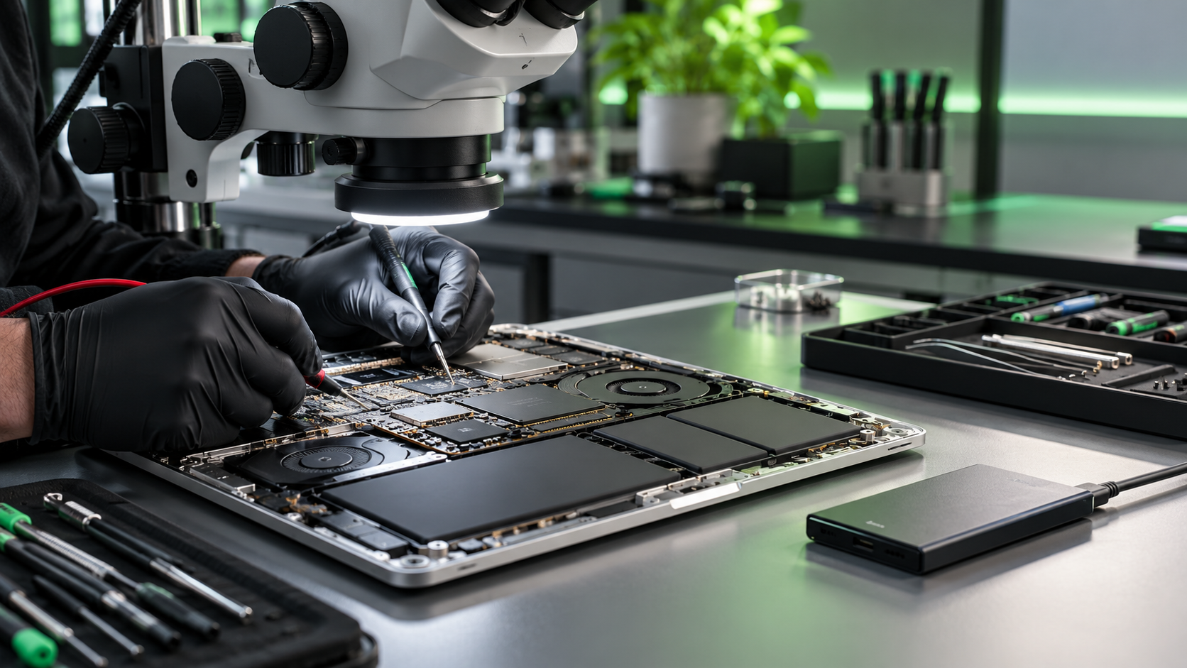 Technician diagnosing an open MacBook in a professional data recovery lab